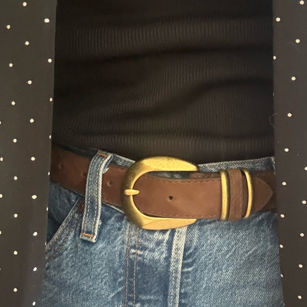 Brown Suede Leather Belt with Antique Gold Buckle - Picture 3 of 6